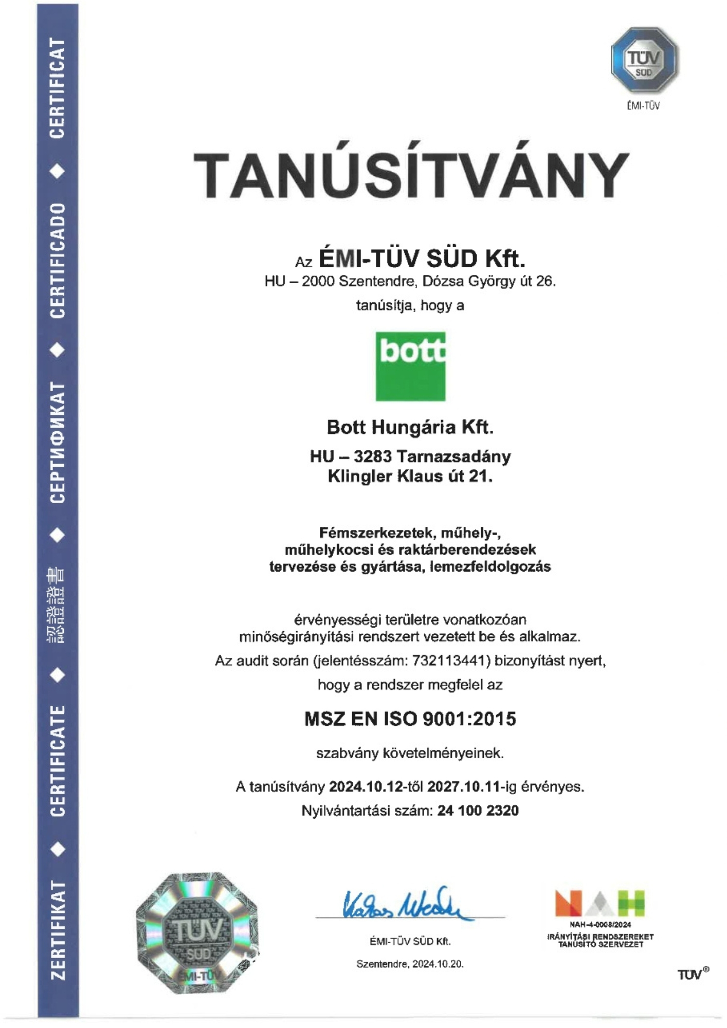 TÜV-Certificate Bott Ungarn
